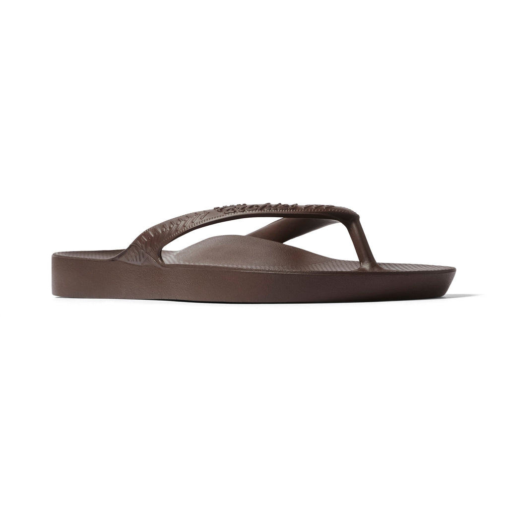 Archies Brown Arch Support Flip Flops — Right shoe front 3/4 angle showing arch