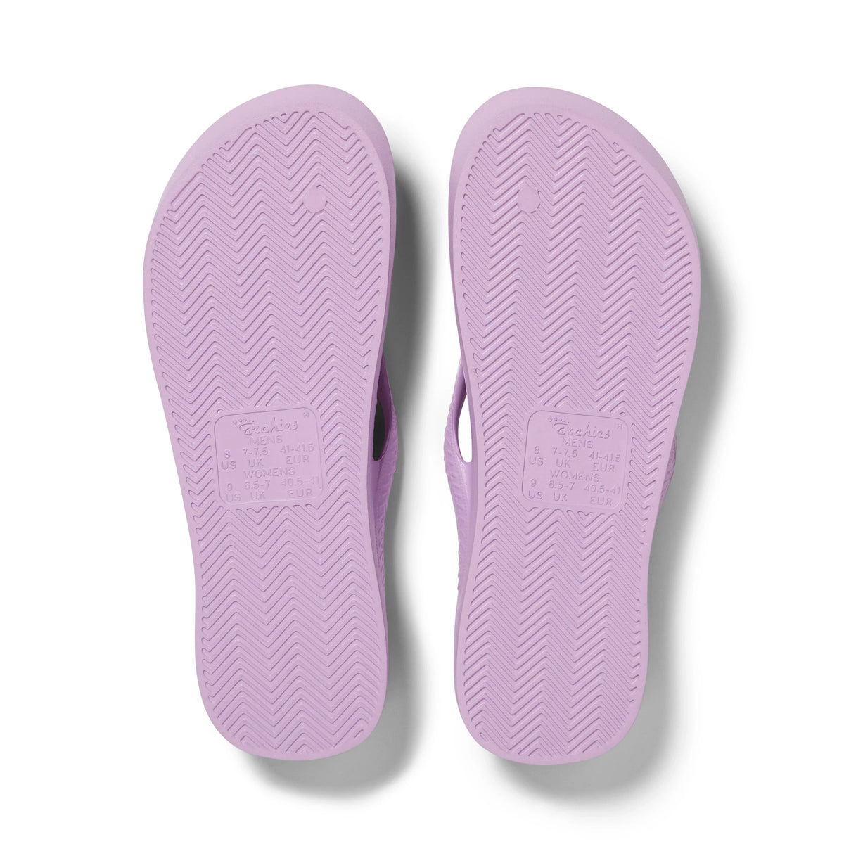 Lilac Archies Arch Support Flip Flops shown from the underside