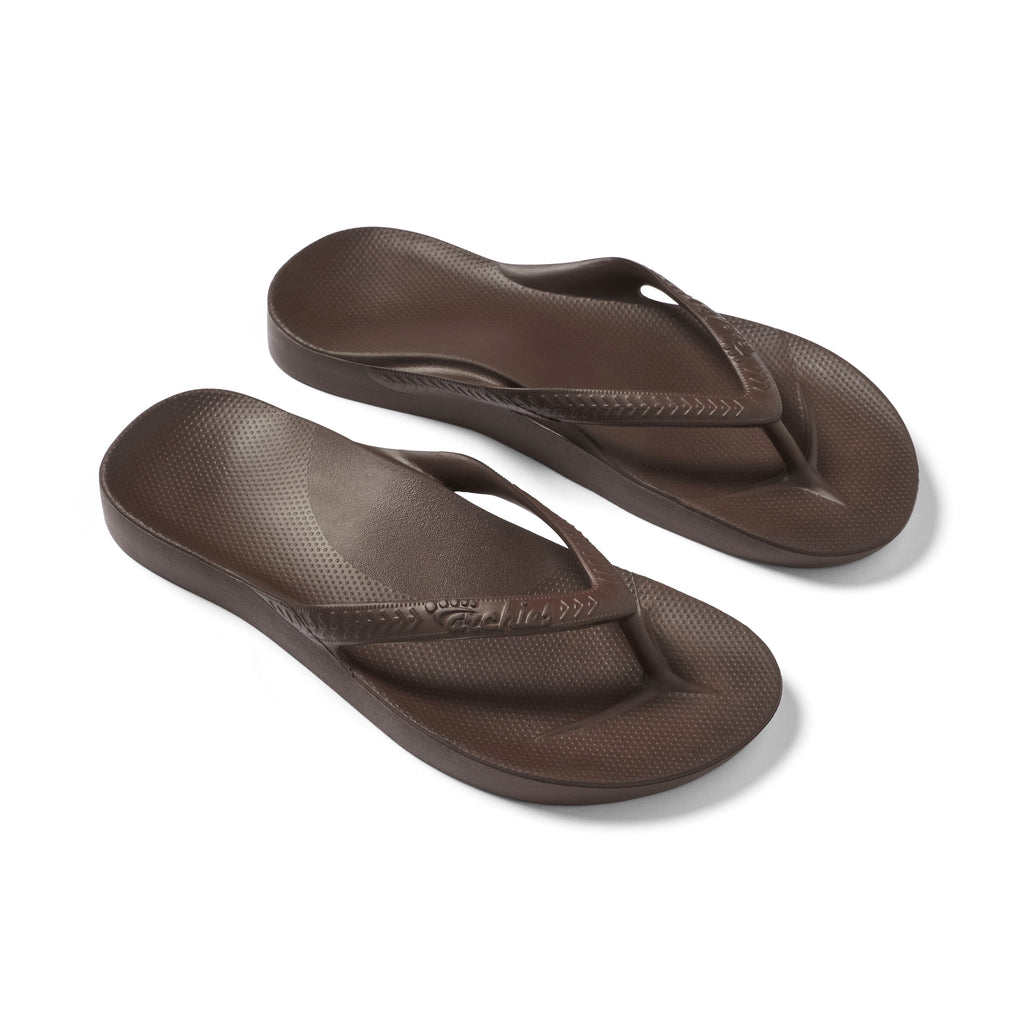 Archies Brown Arch Support Flip Flops — Pair top down 3/4 angle