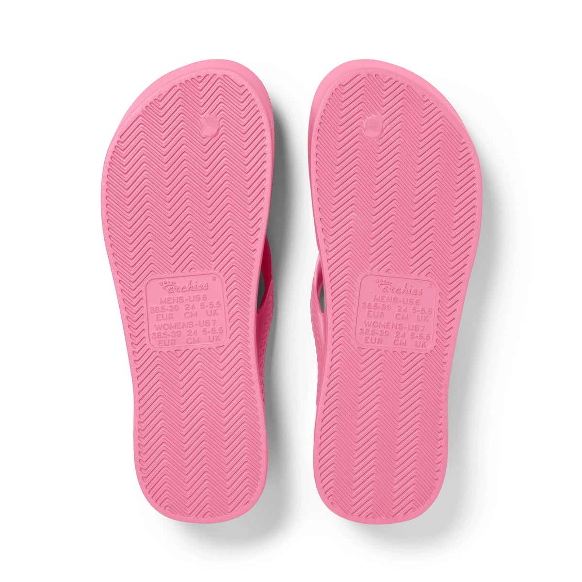 Hot Pink Archies Arch Support Flip Flops shown from the underside