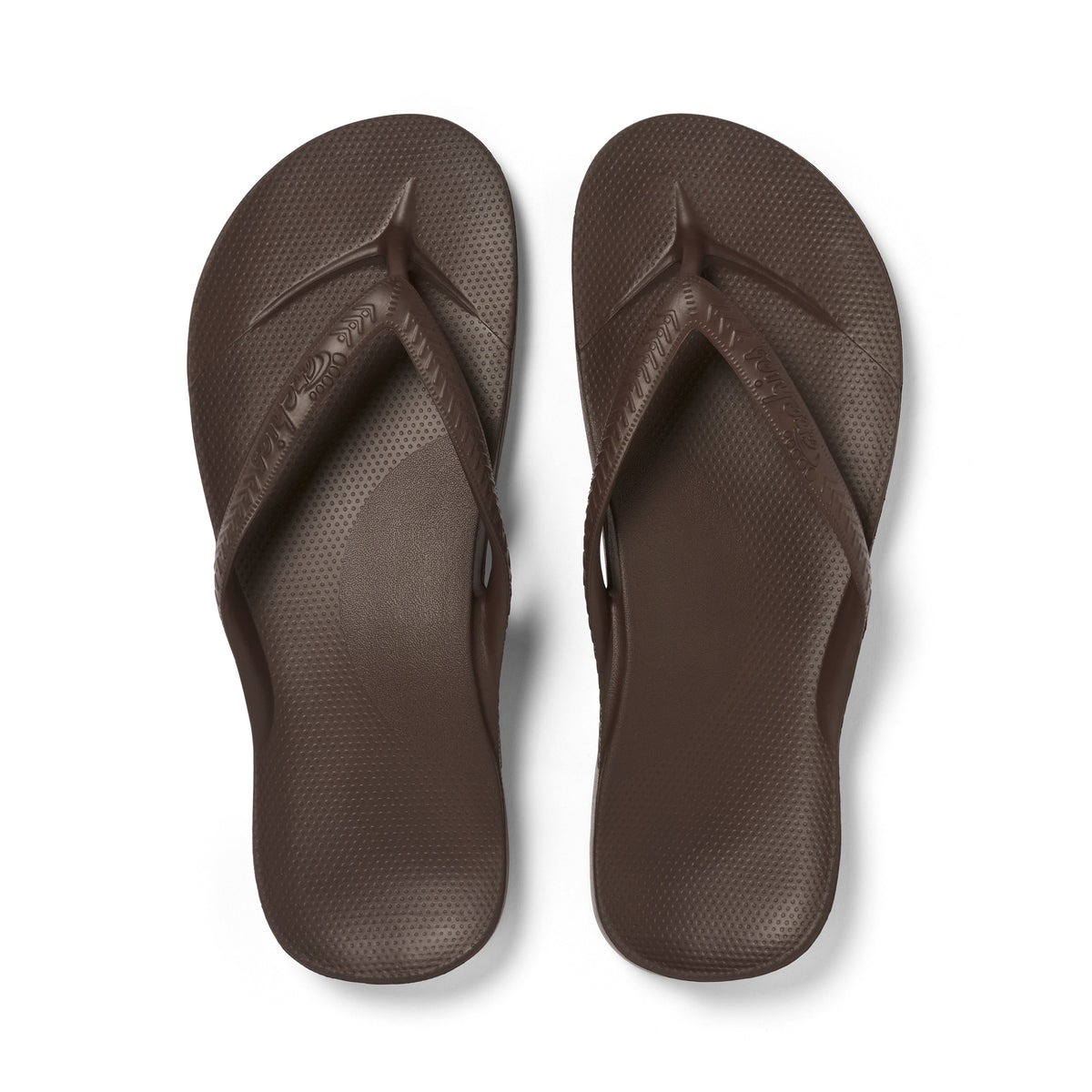 Archies Footwear brown flip-flops top view on a white background
